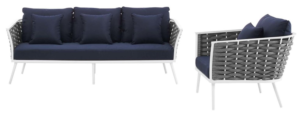 Stance 2 Piece Outdoor Patio Aluminum Sectional Sofa Set  White Navy   Midcentury   Outdoor Sofas   by Kolibri Decor  Houzz