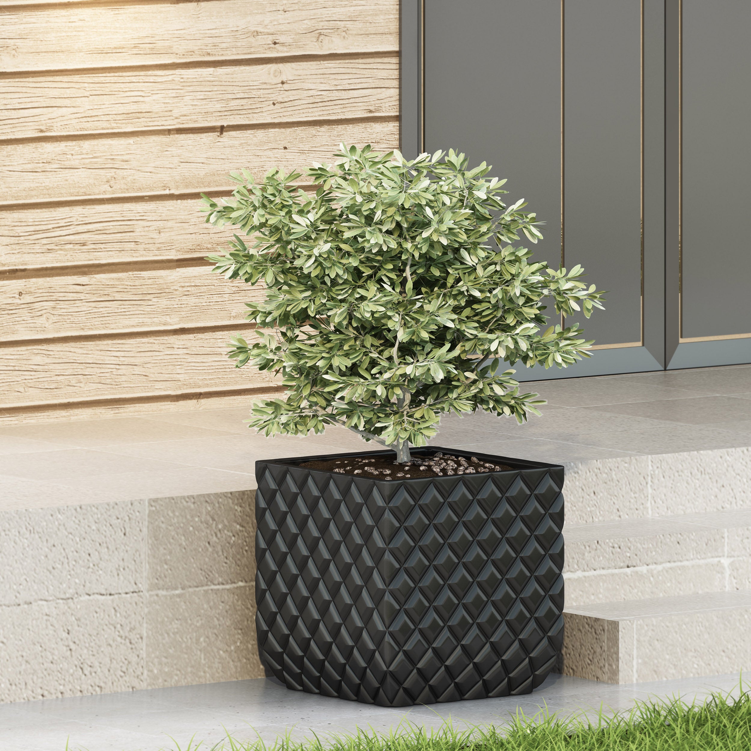 Fernald Outdoor Cast Stone Square Box Planter, Matte Black