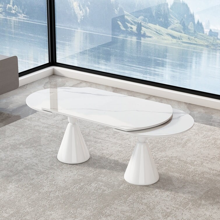 Modern extendable 67'' to 94.5'' Kitchen Table White sintered Stone Table top for 6 10 People(1 Table 6 White Chairs)