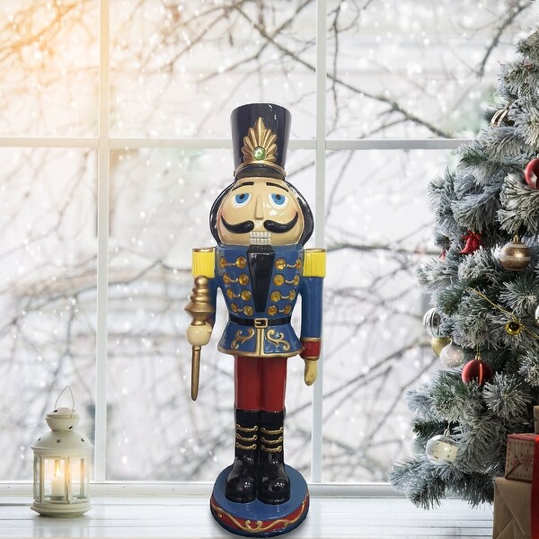 Fraser Hill Farm 3Ft. Nutcracker Toy Soldier Holding a Staff，Resin Statue w/ LED Lights，Indoor or Outdoor Christmas Decor