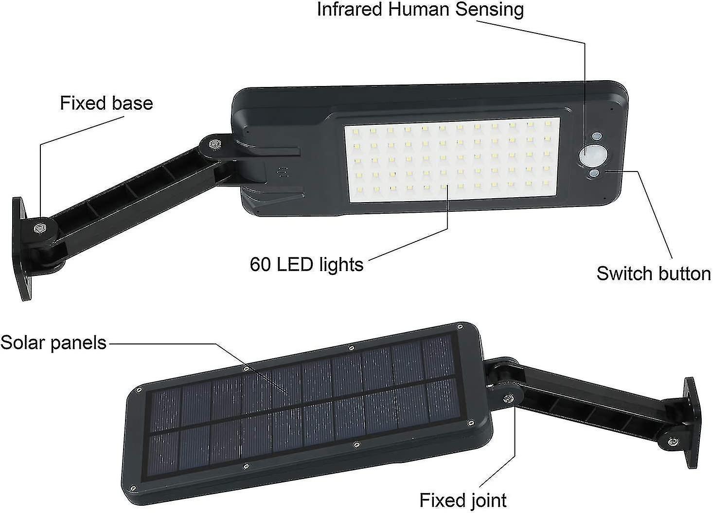 60 Led 6w Solar Ip65 Waterproof Outdoor Light Black，adjustable Stand And Remote Control，3 Modes 180motion Sensing Light