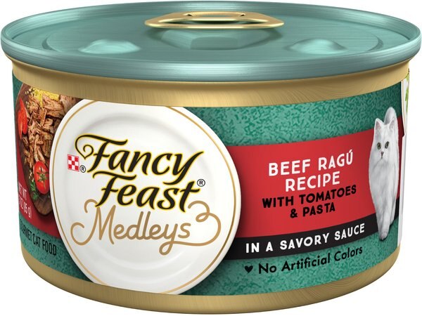 Fancy Feast Medleys in Gravy Beef Ragu Recipe with Tomatoes and Pasta in a Savory Sauce Wet Cat Food， 3-oz can， case of 24