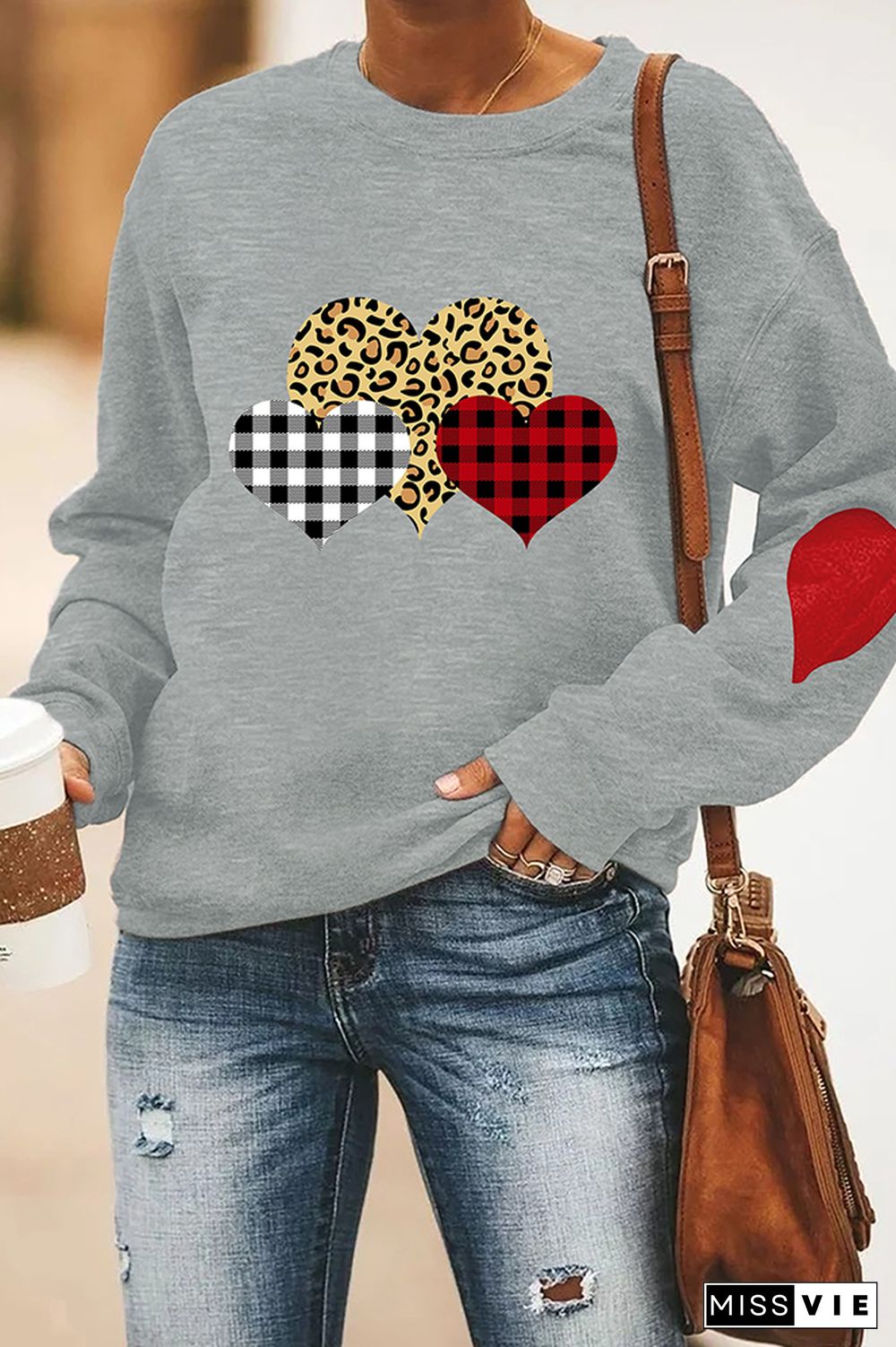 Plaid Leopard Heart Print Valentine's Day Longsleeve Sweatshirt Wholesale