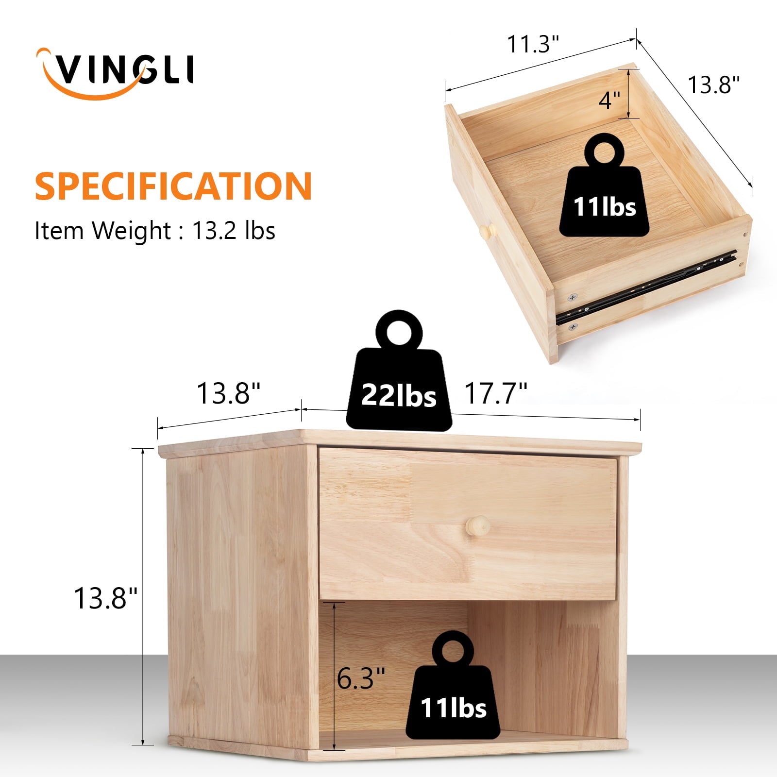 VINGLI Unfinished Natural Solid Wood Floating Nightstand Vintage Wall-Mounted Nightstand/Bedside Table W/ Drawer & Shelf