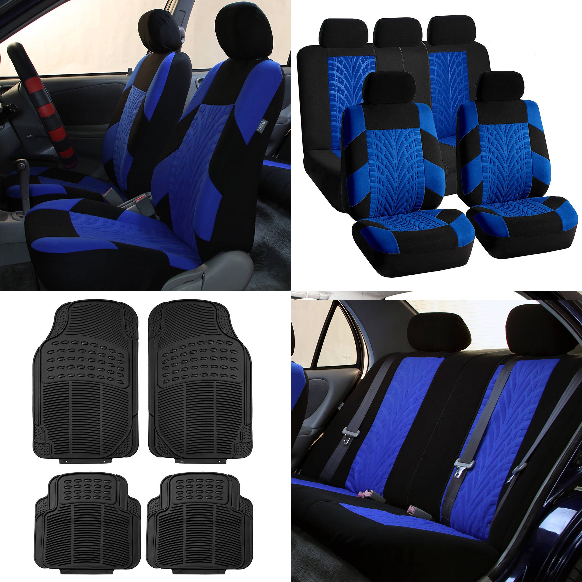 FH Group FH Travel Master Car Seat Covers for Auto Complete Seat Covers Set with 4PCS with Black Floor Mats Blue Black