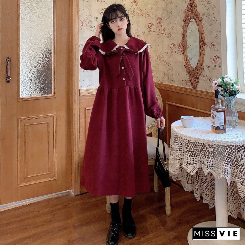 Japanese Doll Collar Loose Lolita Thin Retro Niche French Corduroy Long Sleeve Dress Female Autumn And Winter New Style