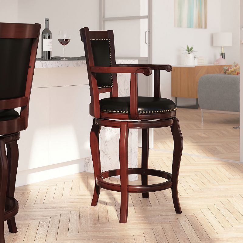 Merrick Lane Aletta Series Panel Back Stool with Arms and Faux Leather Swivel Seat