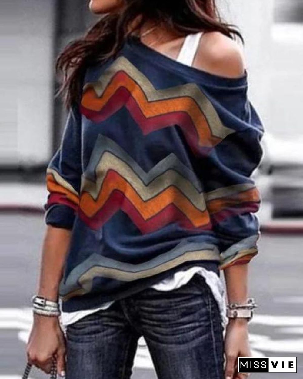 Vintage One Shoulder Long Sleeve Cotton T-Shirts