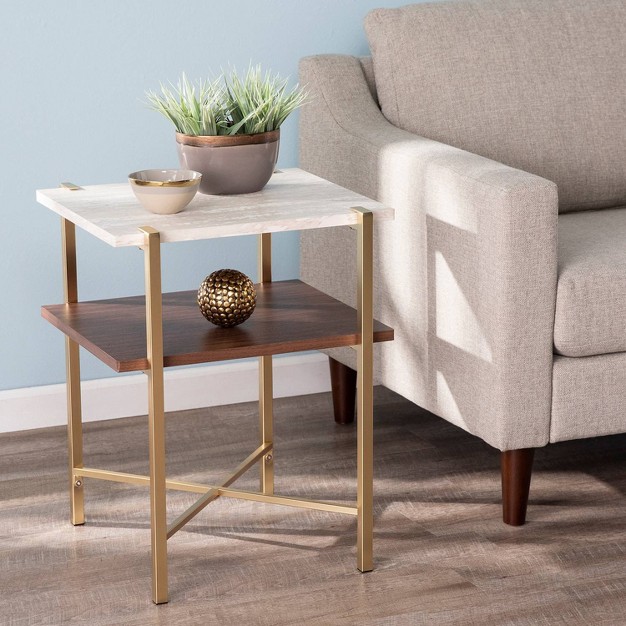 Amelia Square Faux Marble End Table With Storage Brass Aiden Lane