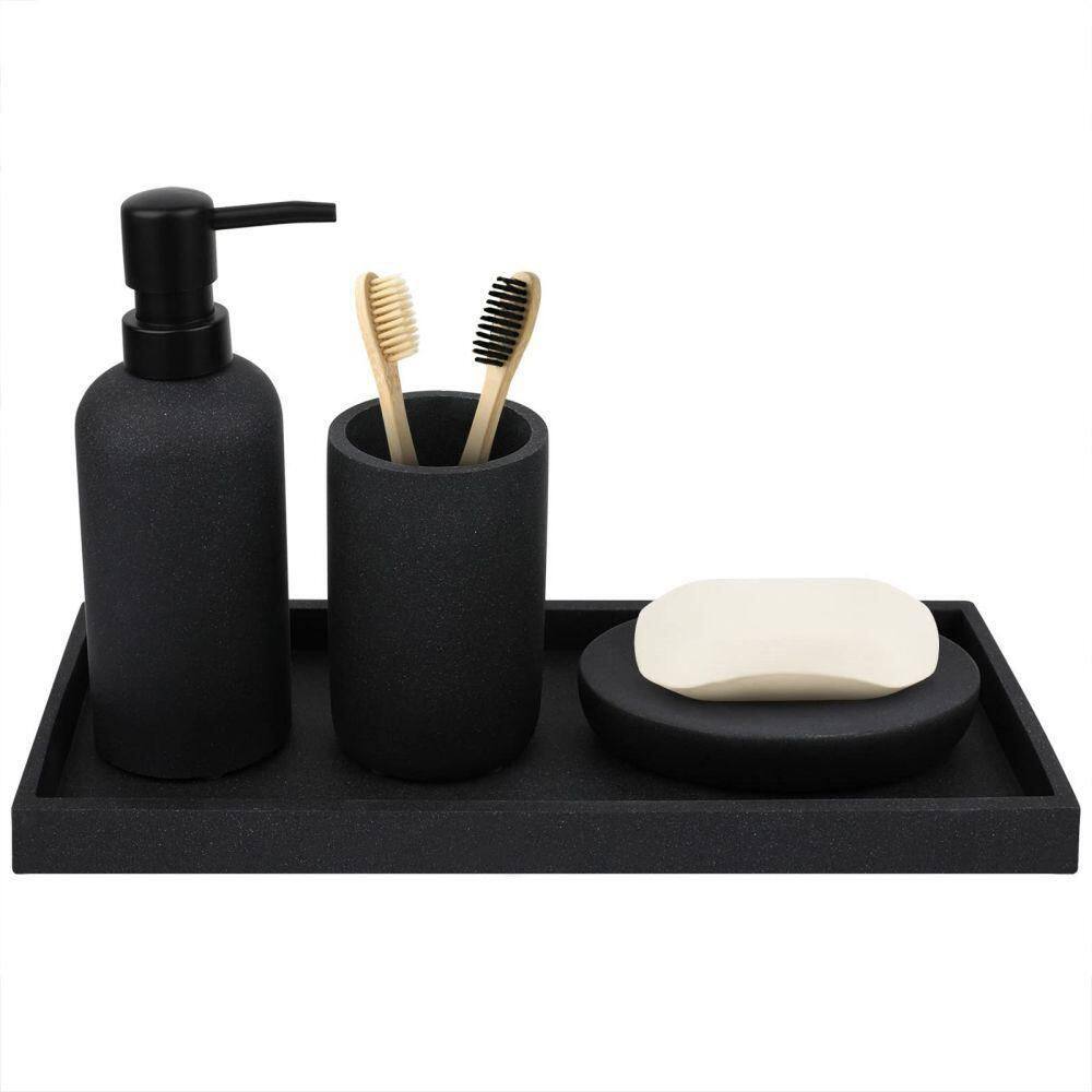 Dracelo 4-Piece Bathroom Accessory Set with Dispenser Toothbrush Holder Vanity Tray Soap Dish in Black B0972J17BY