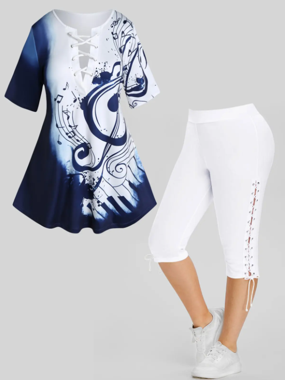 Plus Size Note Print Colorblock T Shirt and Lace Up Eyelet Capri Leggings Summer Casual Outfit