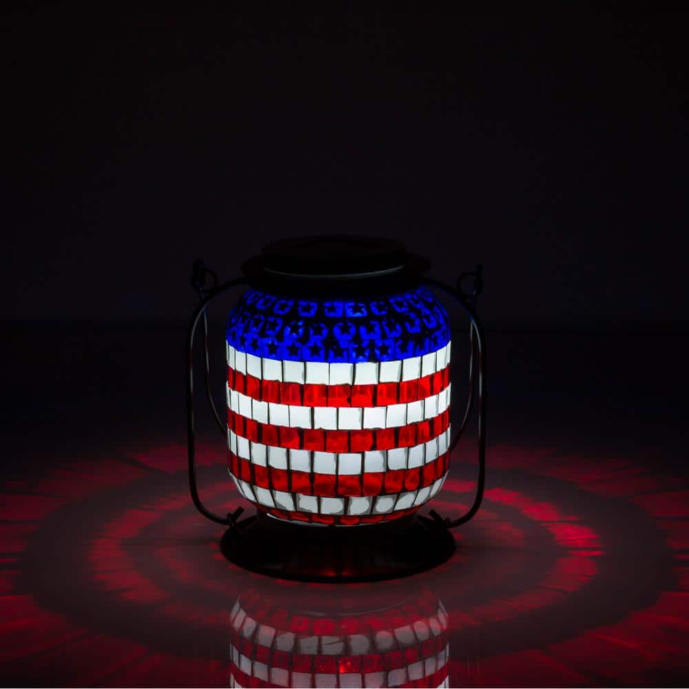 Alpine Corporation 7 in. Tall Hanging Solar Powered Outdoor Patriotic Lantern with LED Lights SLL2224SLR