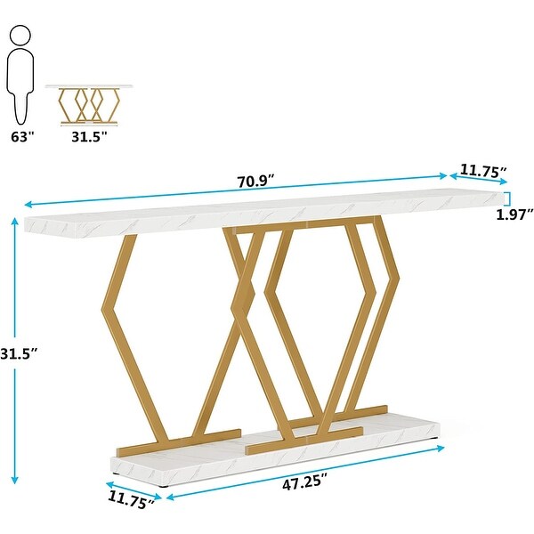 Modern Console Table， 70.9 Inch Extra Long Sofa Table with Faux Marble Tabletop Base Gold Frame for Living Room， White Gold