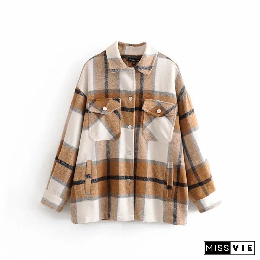 Winter Green Plaid Jacket Coat Women Streetwear Long Leeve Thick Wool Coat Fashion Pocket Oversized Lapel Autumn Shirts Coats