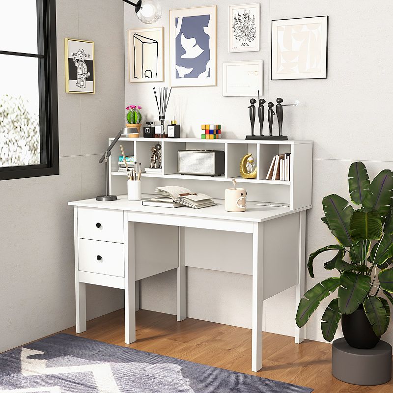 48 Inch Computer Desk With Drawers Power Outlets And 5-cubby Hutch