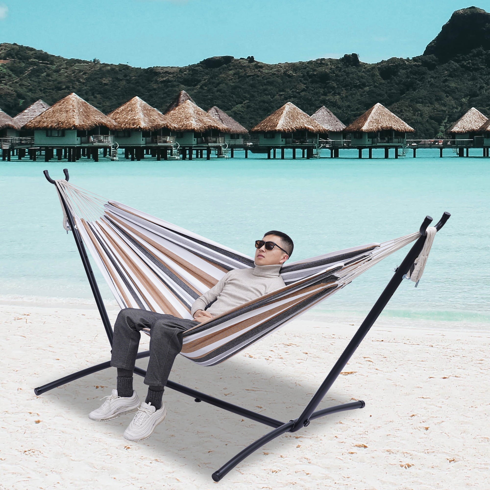 Unique Choice Double Classic Hammock with Stand, Outdoor Hammock with Powder-coated Steel Stand (Carry Pouch Included),Durable 450 Pound Capacity for 2 Person，Brown/Gray Striped