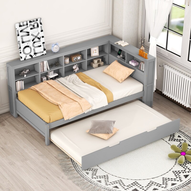 Wooden Twin Size DayBed with Twin Size Trundle  DayBed with Storage Shelf and USB Charging Ports