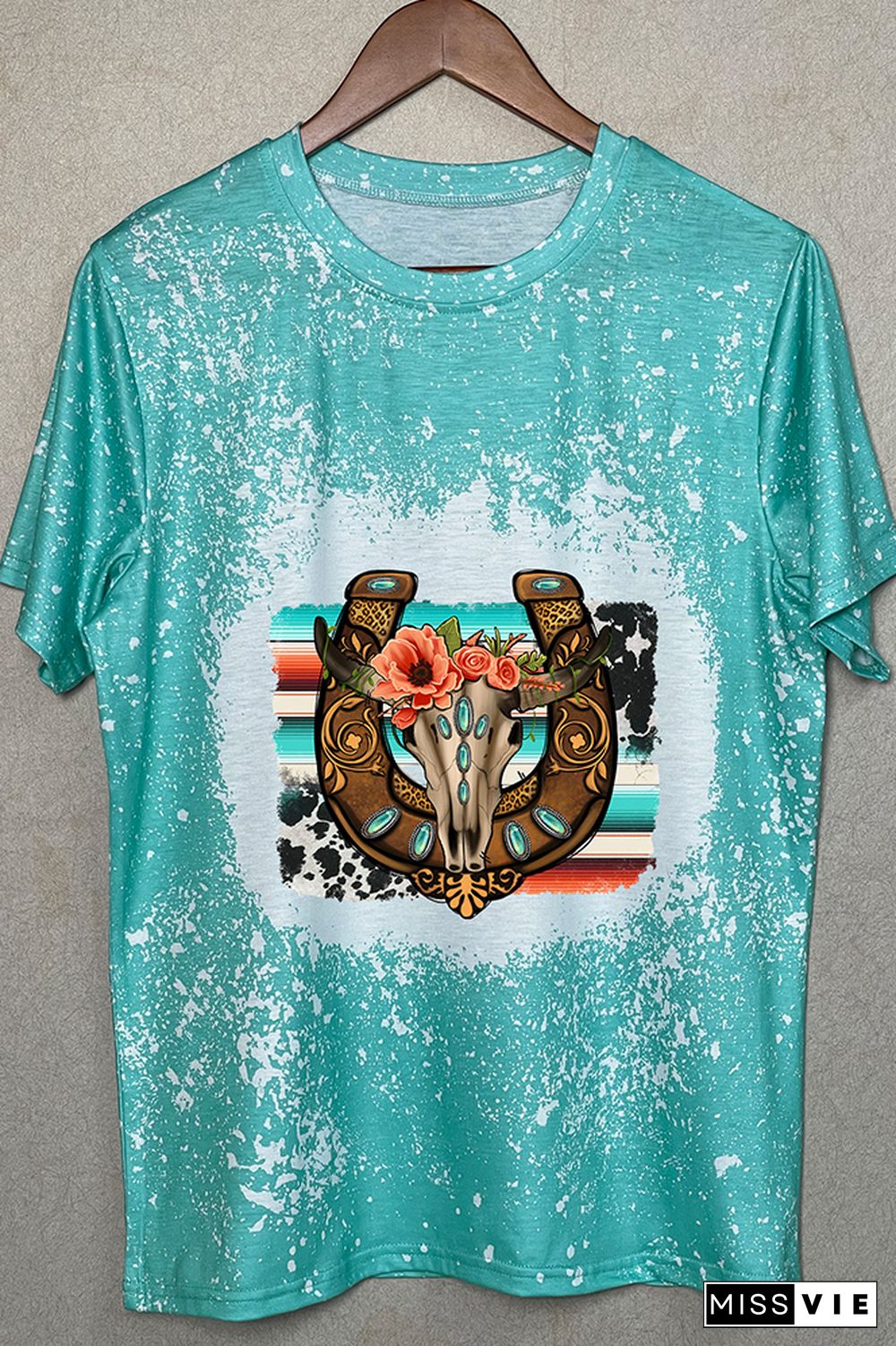 Horseshoe Floral Bull Skull Gemstone, Western Horseshoe Graphic Tee Wholesale