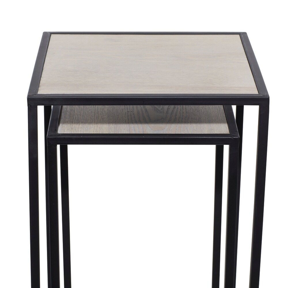 Black Metal Contemporary Accent Table with Brown Wood Tops (Set of 2)   13 x 13 x 28