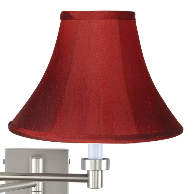 Possini Euro Design Modern Swing Arm Wall Lamp Brushed Nickel Plug in Light Fixture Deep Red Dupioni Silk Bell Shade For Bedroom