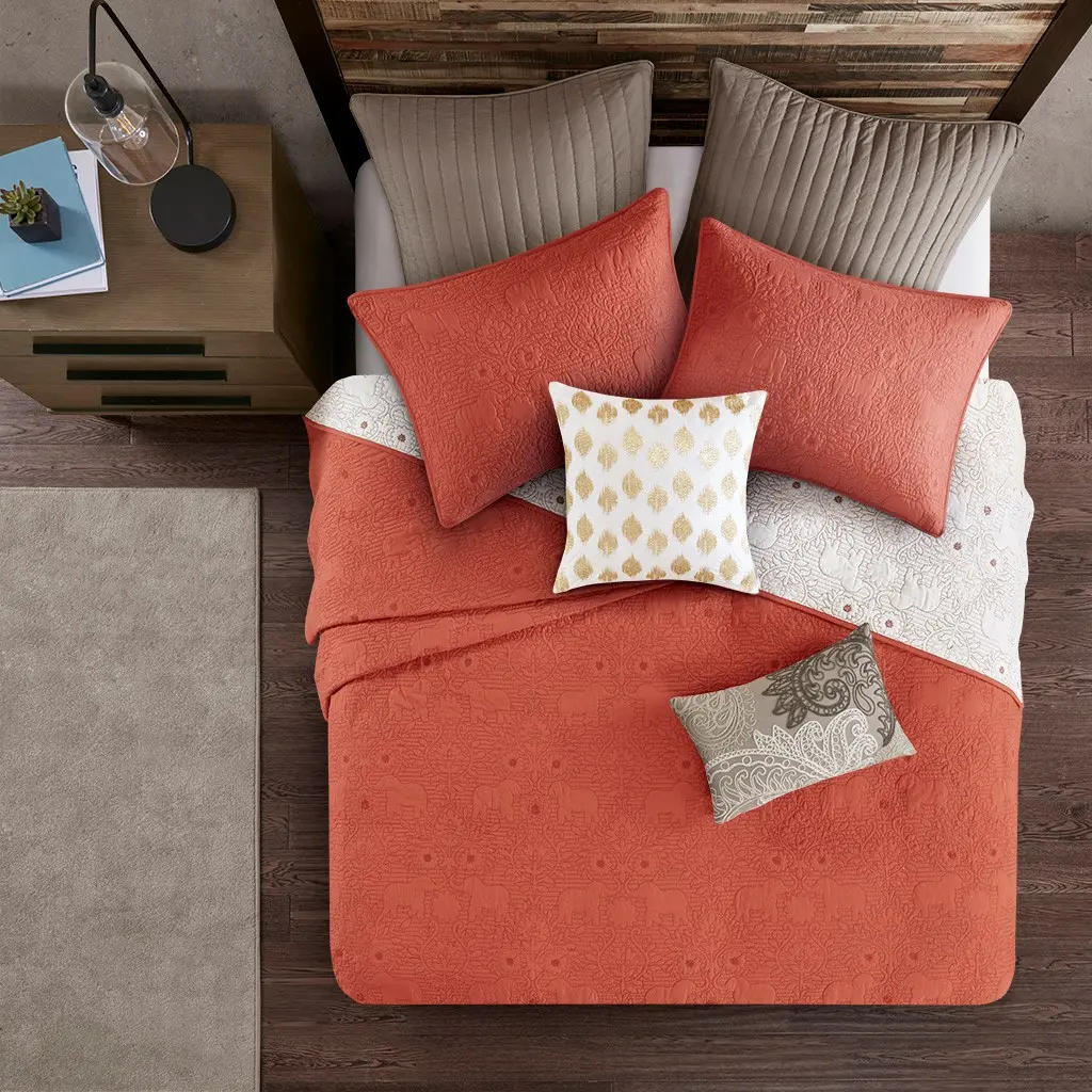 Burnt Orange and Tan Queen Kandula 3 Piece Coverlet Set