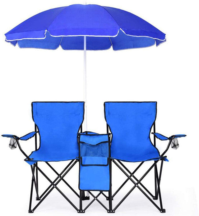 Double Folding Picnic Chairs w/Umbrella Mini Table Beverage Holder Carrying Bag for Beach Patio Pool Park Outdoor Portable Camping Chair (Blue w/Umbrella)