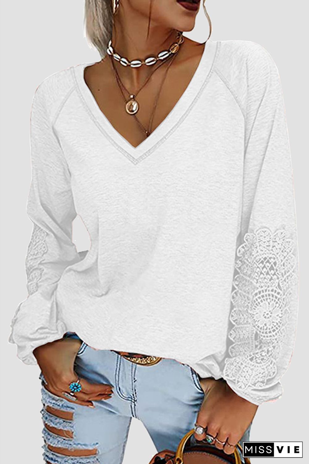 Casual Solid Lace Split Joint V Neck T-Shirts