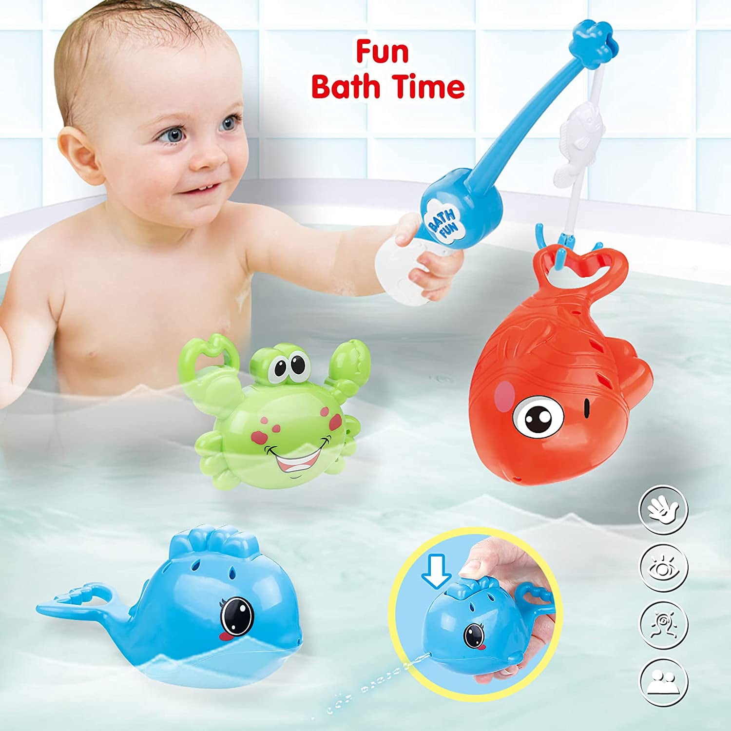 Baby Bath Fishing Toys， Bathtub Pool Toys Set with Fishing Pole and Net， Bath Toys for 1 Year Old Toddler Boys Girls