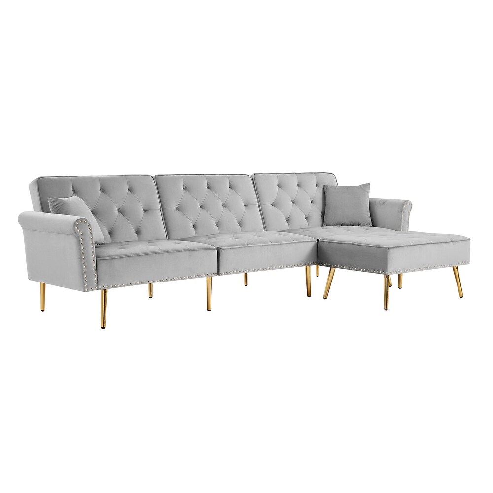 Modern Velvet Upholstered Sectional Sofa Bed  L Shaped Reversible 3 Seat Couch with Movable Ottoman   Nailhead Trim