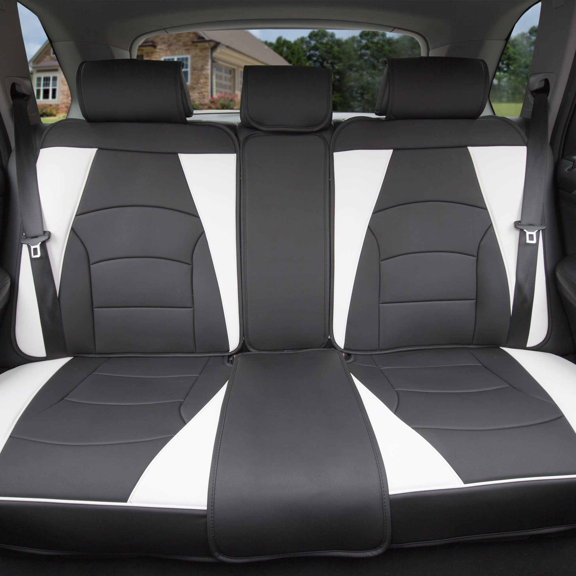 FH Group Car SUV Truck Leatherette Seat Cushion Covers 5 Seat Full Set Seats Black White with Black Dash Mat