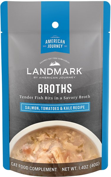 American Journey Landmark Broths Salmon， Tomatoes and Kale Recipe Wet Cat Food Complement Pouches， 1.4 oz case of 16