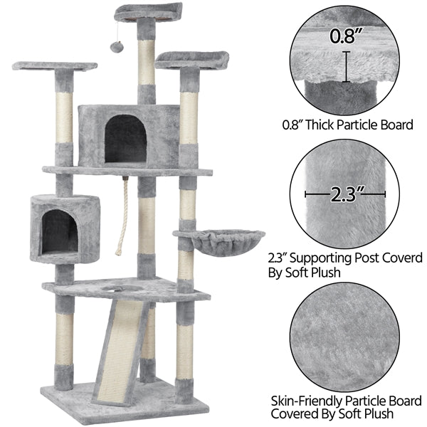 Topeakmart Multi-level Cat Tree Condo Tower with Basket， Scratching Posts and Ramp Light Gray， 79'' H