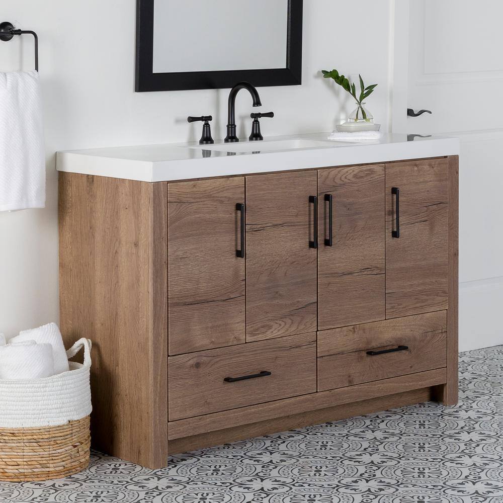 Home Decorators Collection Radien 48.5 in. W x 18.75 in. D x 34.14 in. H Bath Vanity in Halifax Oak with White Cultured Marble Top RN48P2-HO