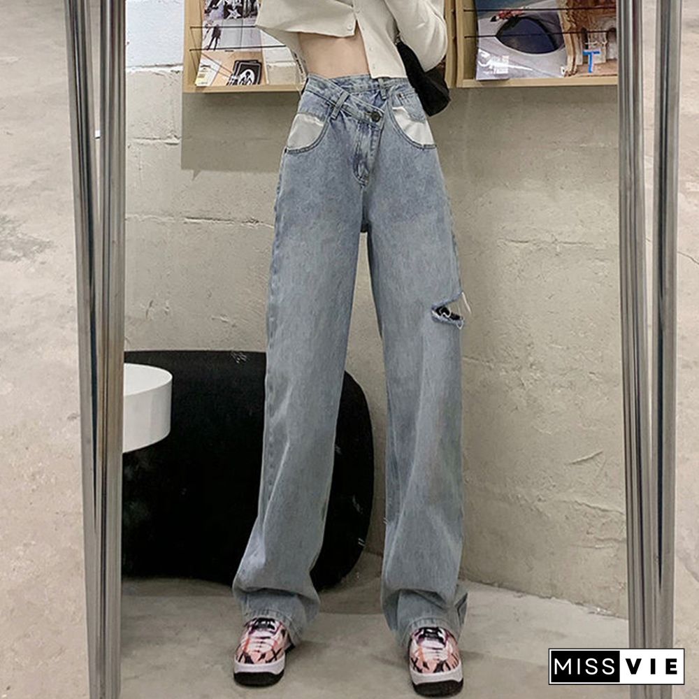 Vintage Design Hole Tassel Denim Jeans Women Hight Waist Loose Denim Pants Wide Leg Lady Pants Korean Streetwear Jeans New