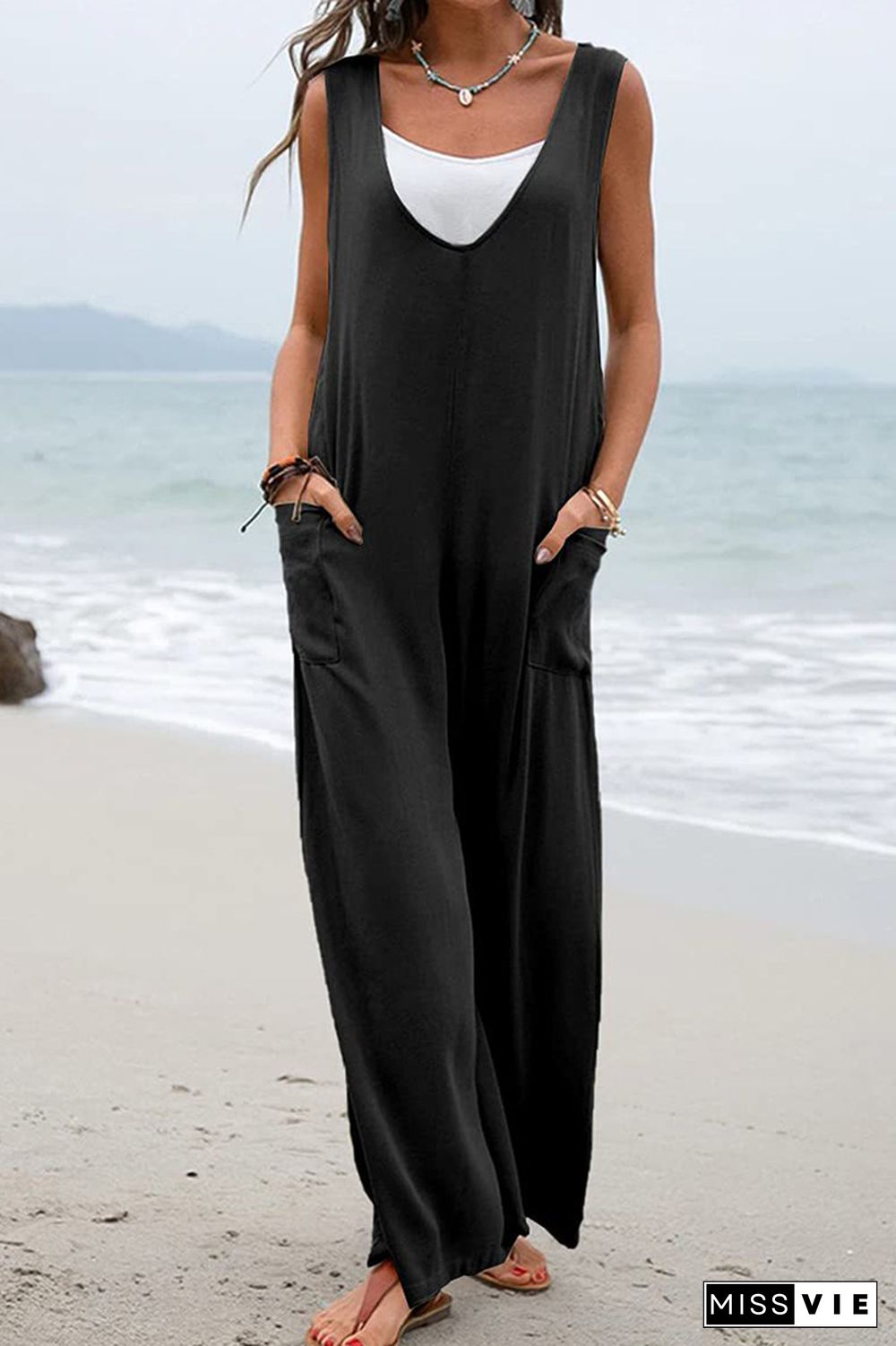 Plain V Neck Pockets Sleeveless Jumpsuit