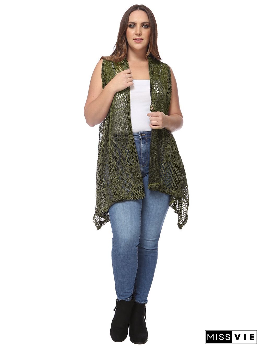 Plus Size Boho Open Front Crochet Cover Up Sleeveless Shawl Cardigan Vest, Olive Green