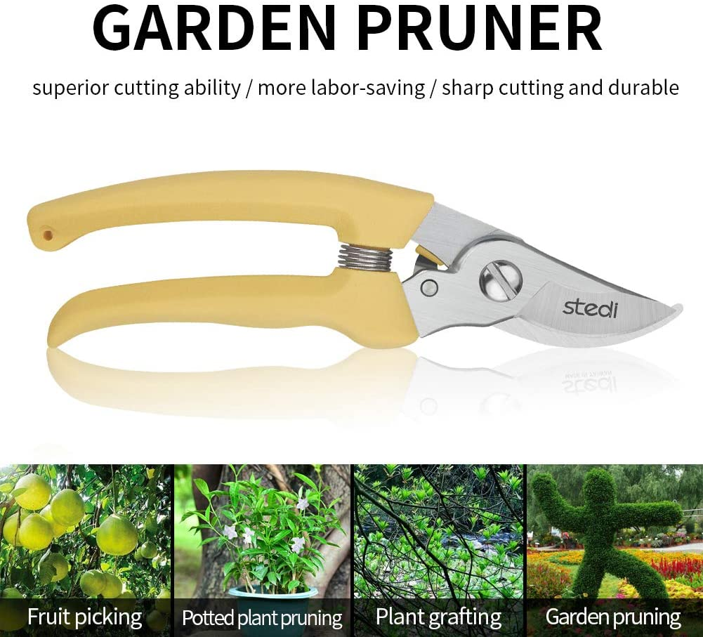 stedi 7" Garden Pruners, Bypass Pruning Shears with Rust Proof Stainless Steel Blades, Slip-Less Effort Pruning Scissors