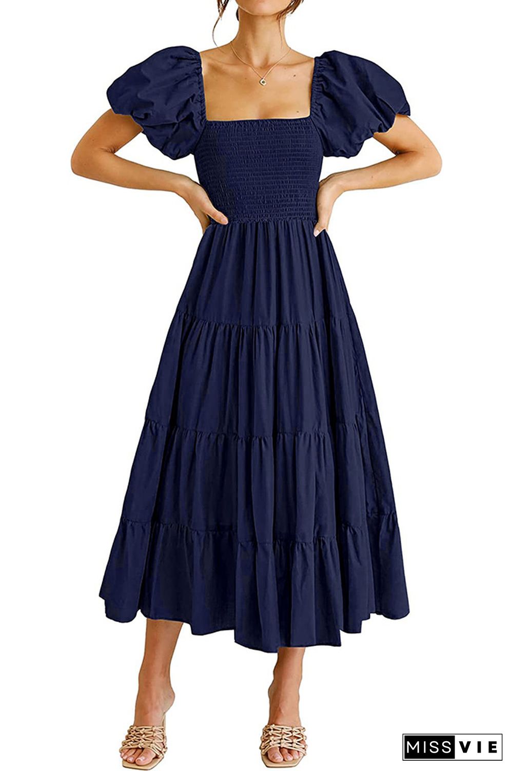 Square Neck Puff Sleeves Tiered Long Dress