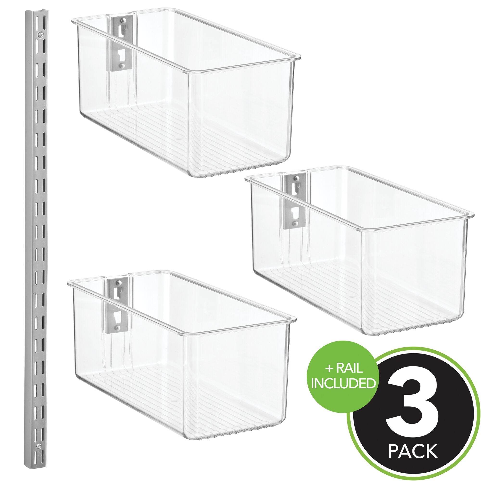 mDesign Plastic Wall Mount Bins with Metal Hanging Bar - Repositionable Bins - For Closet Storage and Organization - Holds Belts, Leggings, Shoes, Purses, Scarfs - Bins 5"  - Set of 3 - Clear