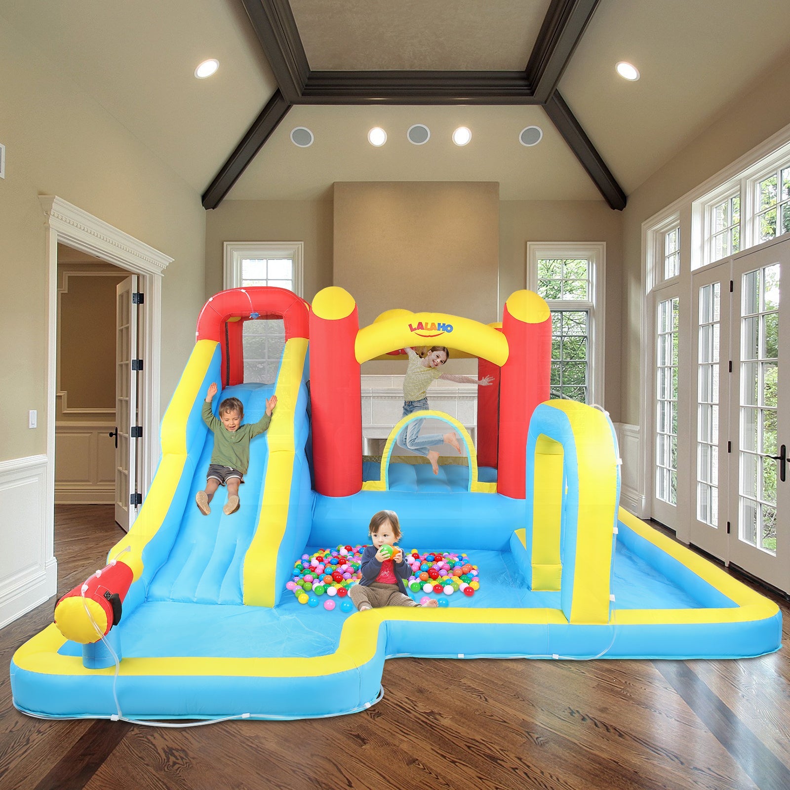 Track 7 Inflatable Bounce House,Inflatable Water Slide,Splash Pool,Climbing Wall,Trampoline,Basketball Hoop,Age 3+,Air Blower