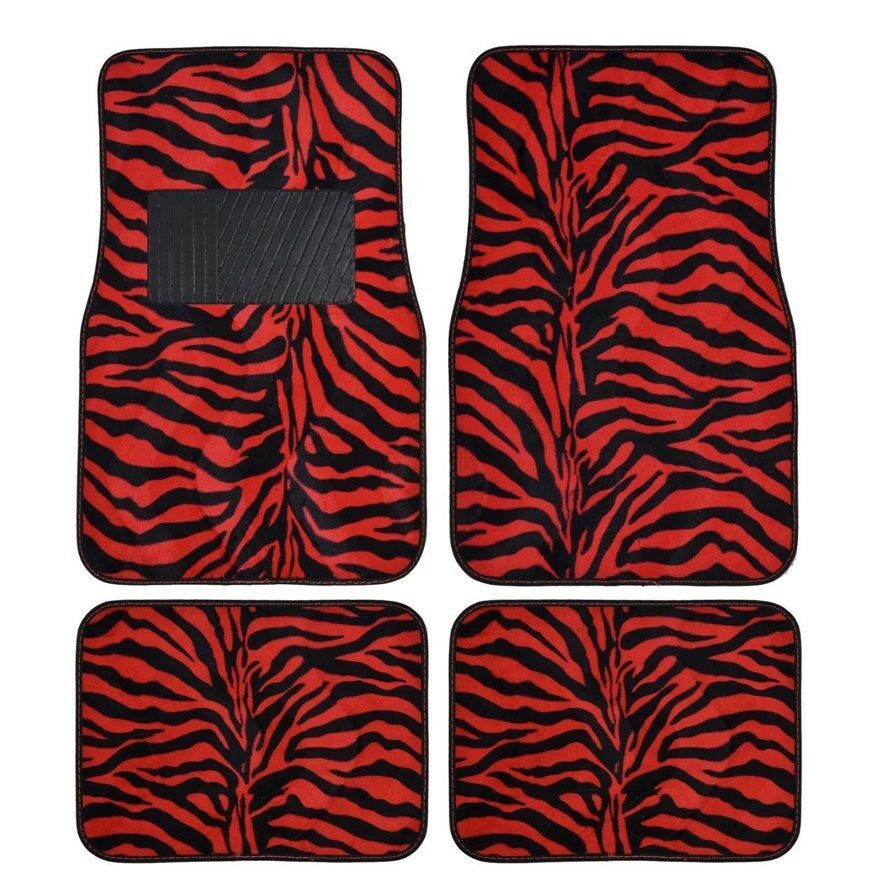 Set of 4 Red Animal Zebra Tiger Print Carpet Floor Mats Bundle For Car Accessories License Plate Frames and CD Visor Holder