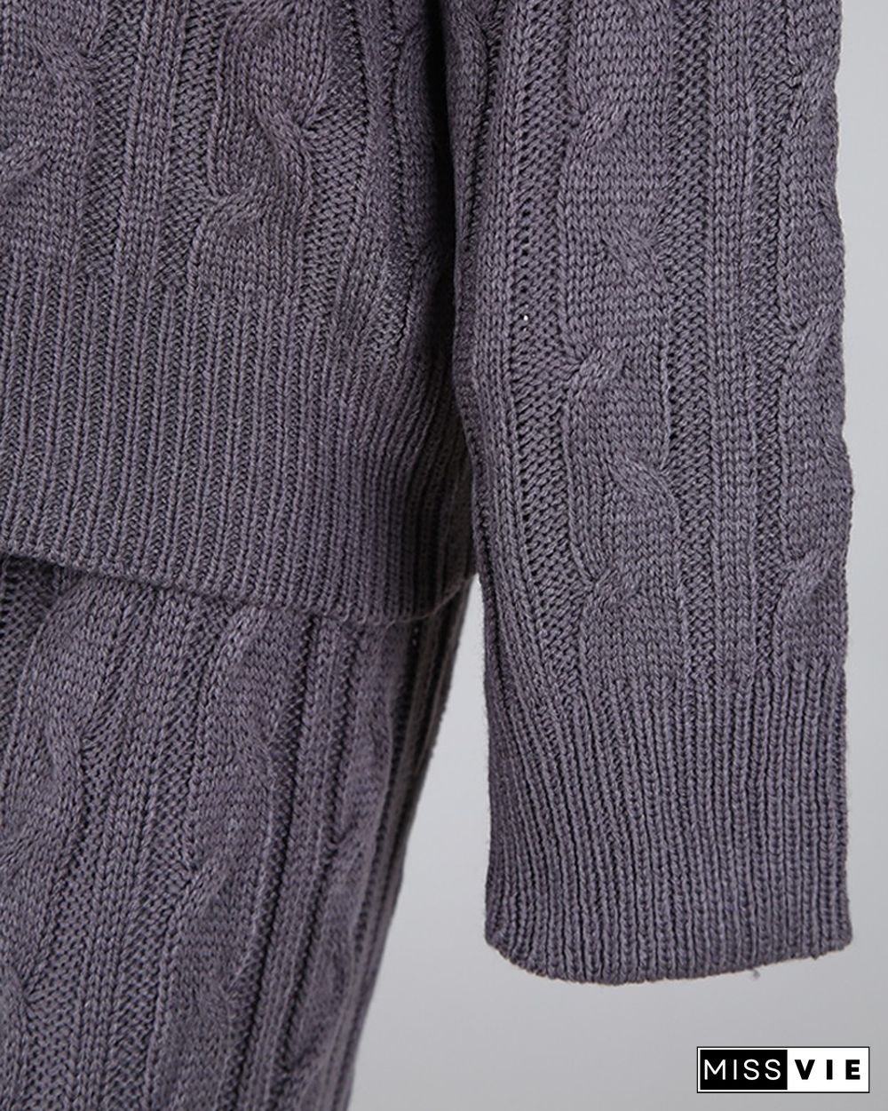 Solid Ribbed Knitting Casual Sweater & Pants Sets