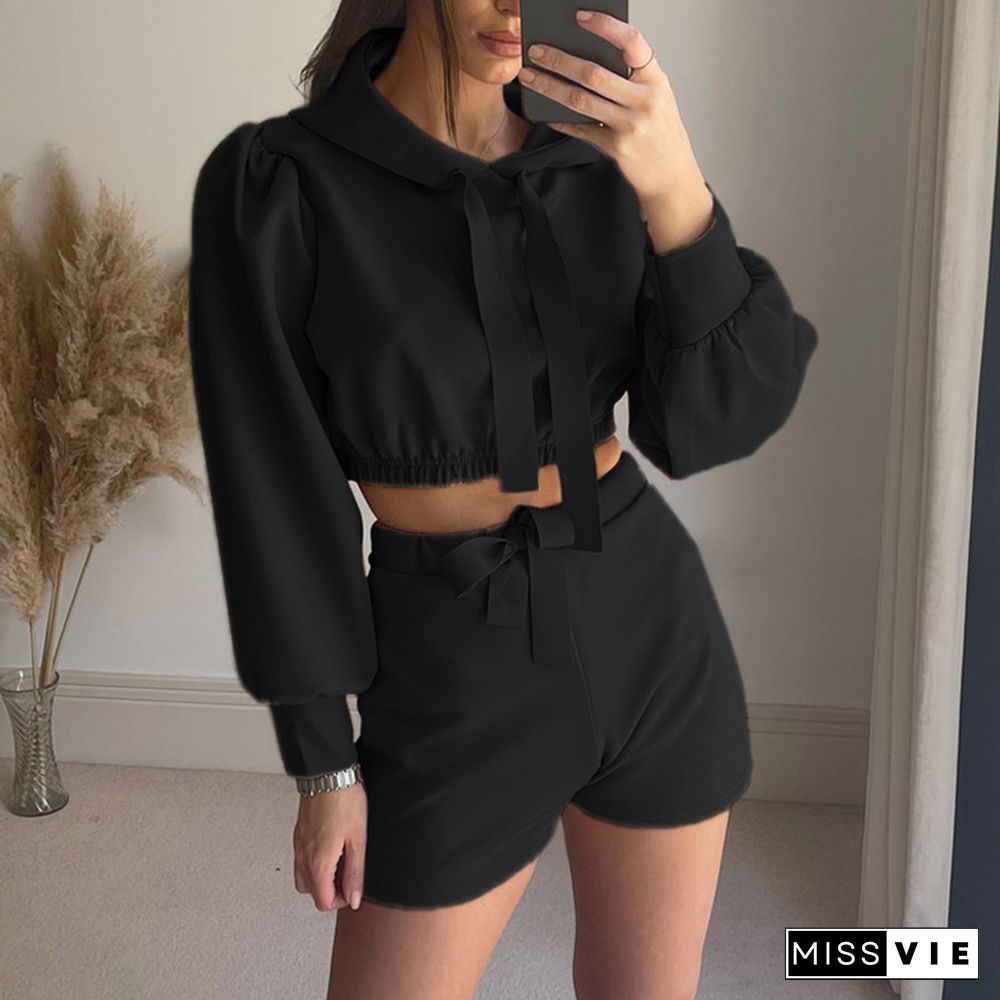 Women Autumn Tracksuits Hooded Ribbon Long Sleeve Crop Sweatshirts + Shorts Suits Casual Sweet Ladies Solid Color Two Piece Set