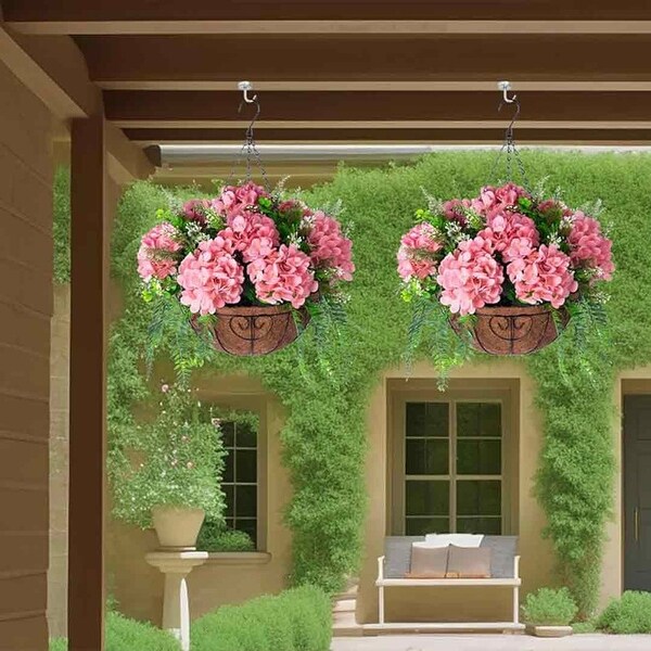 Artificial Flowers in Hanging Basket Planter for Home Spring Summer Decoration，Silk Hydrangea Outdoor Indoor Arrangements