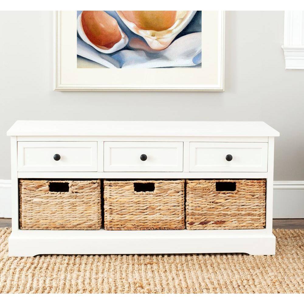 SAFAVIEH Damien 3-Drawer Rustic WhiteCream Wood Entryway Bench AMH5701C