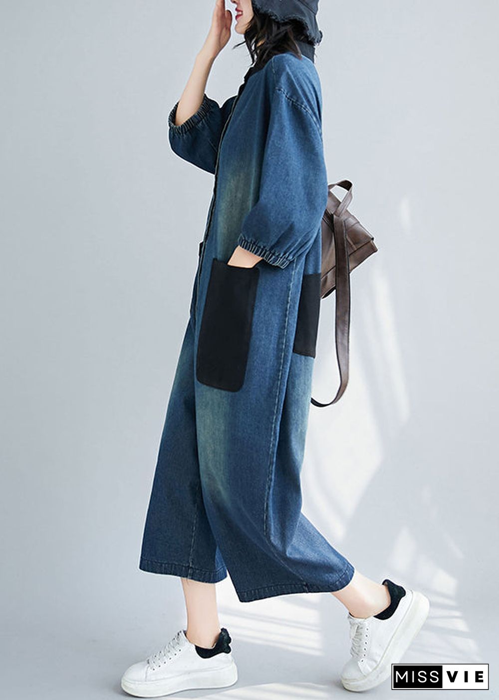 Style Blue Stand Collar Oversized Patchwork Pockets Denim Jumpsuits Summer