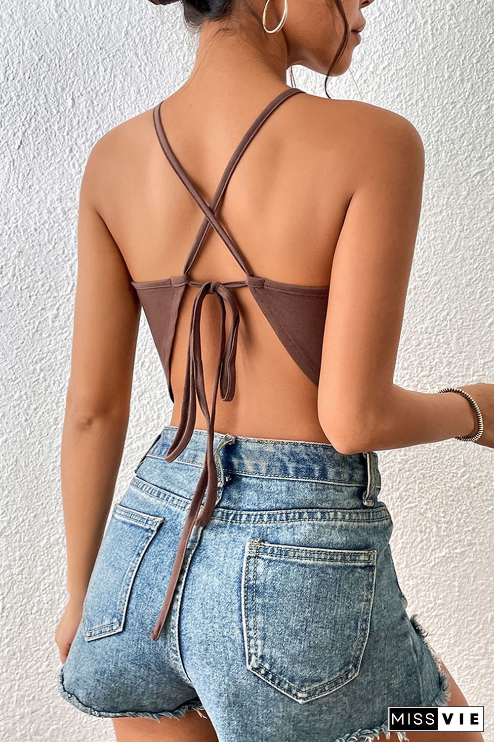 Brown Hollow Out Strappy Halter Tank Top