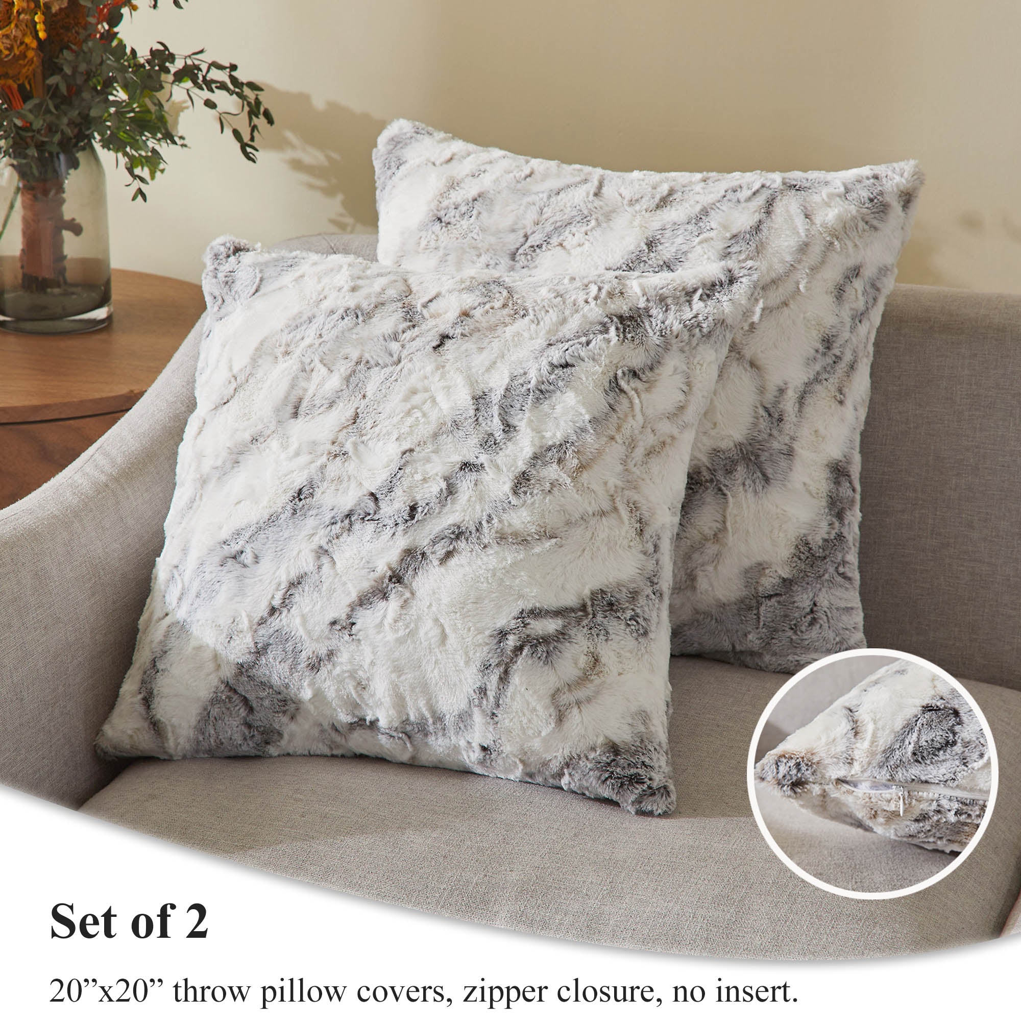 XeGe 3 Pieces Double Sided Brushed Fluffy Blanket，  Soft Plush Blanket and Throw Pillow Covers Set， Shaggy Furry Throws 50x60 Faux Fur Pillow Shams 20x20 for Bed Sofa Couch， Marble Ombre， Light Grey