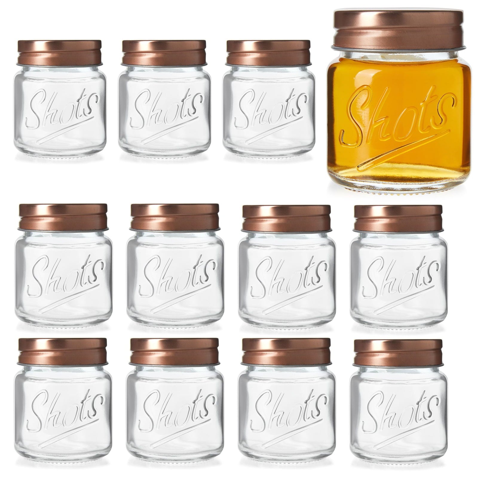 12-Pack Mini Mason Jar Shot Glasses with Lids， Bulk 2 Ounce Glasses for Ginger Shots， Juices， Cocktails， Homemade Sauces， Honey， Jams， Salad Dressings， and Spices