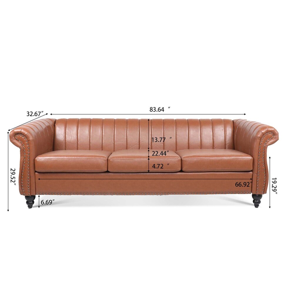 Modern PU Rolled Arm Chesterfield Three Seater Sofa